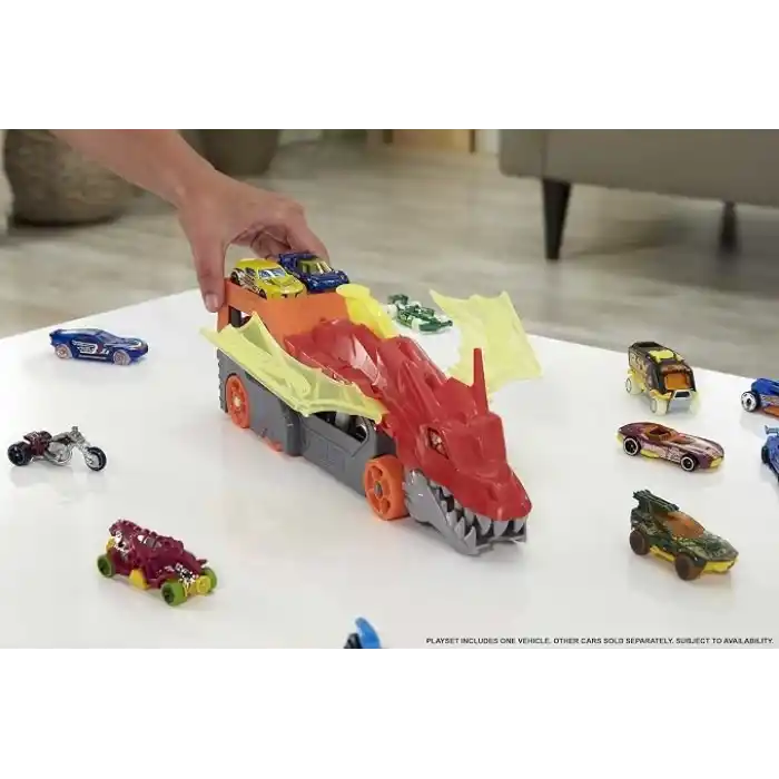 Hot Wheels fırlatıcı ve taşıyıcı ejderha Hot Wheels™ Şehri fırlatıcı ve taşıyıcı ejderha, ağzından araba püskürtür, 3 yaş ve üzeri çocuklar için hediye GTK42