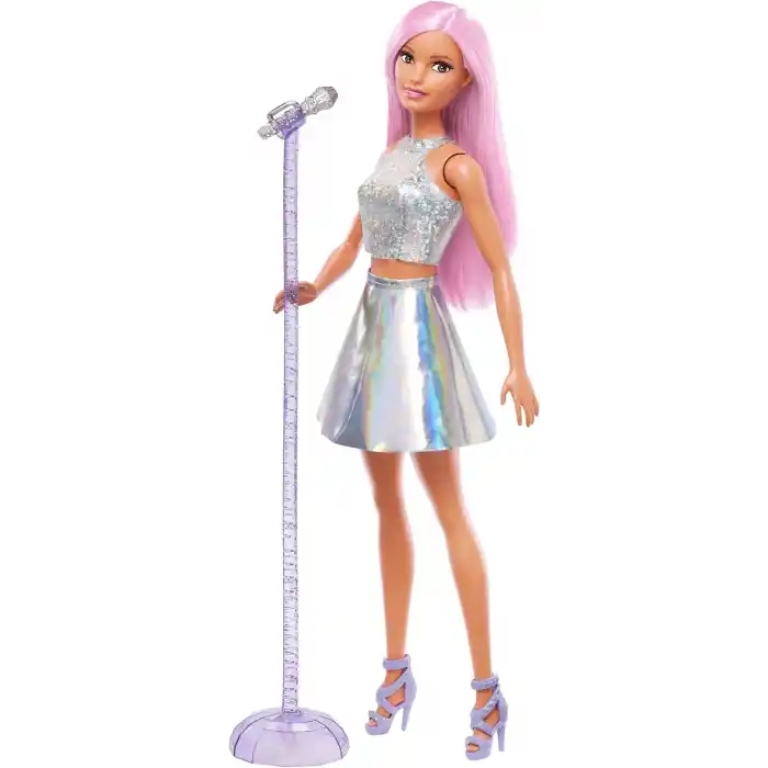 Barbie Pop Yıldızı Bebek ve mikrofon Parlak etek giyen, pembe saçlı, 3-7 yaş arası için hediye, JCW42