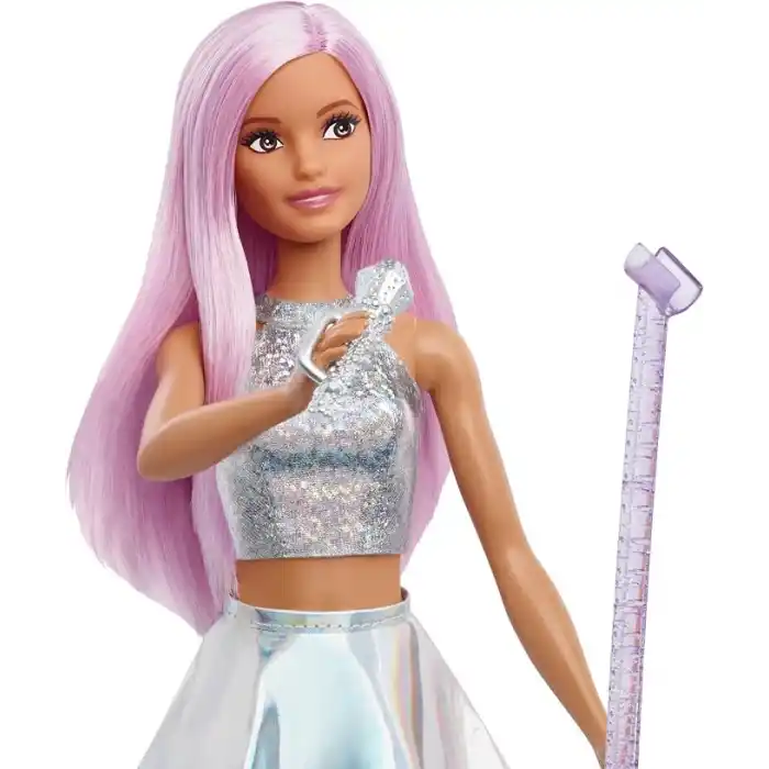 Barbie Pop Yıldızı Bebek ve mikrofon Parlak etek giyen, pembe saçlı, 3-7 yaş arası için hediye, JCW42