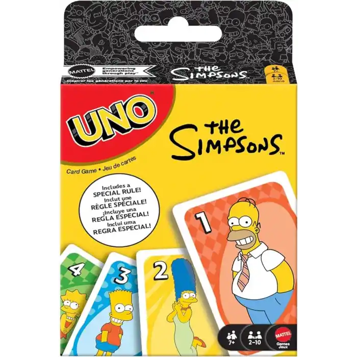 Çocuklar, yetişkinler, aileyle bir araya gelinen akşamlar, partiler, seyahatler ve kamplara uygun, diziden ilham alan koleksiyonluk Mattel UNO Simpsons Kartlar, JHB16