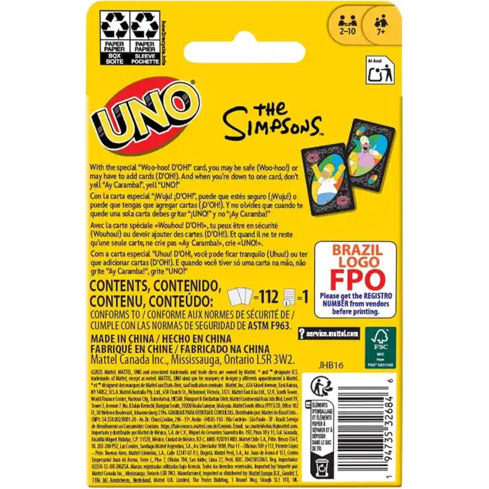 Çocuklar, yetişkinler, aileyle bir araya gelinen akşamlar, partiler, seyahatler ve kamplara uygun, diziden ilham alan koleksiyonluk Mattel UNO Simpsons Kartlar, JHB16