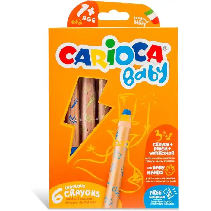 Carioca 3 In 1 Jumbo Bebek Ahşap Gövdeli Boya Kalemi 6Lı,Kalemtraş Hediyeli