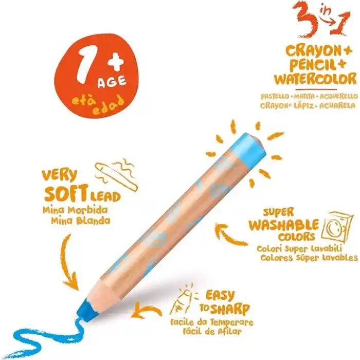 Carioca 3 In 1 Jumbo Bebek Ahşap Gövdeli Boya Kalemi 6Lı,Kalemtraş Hediyeli