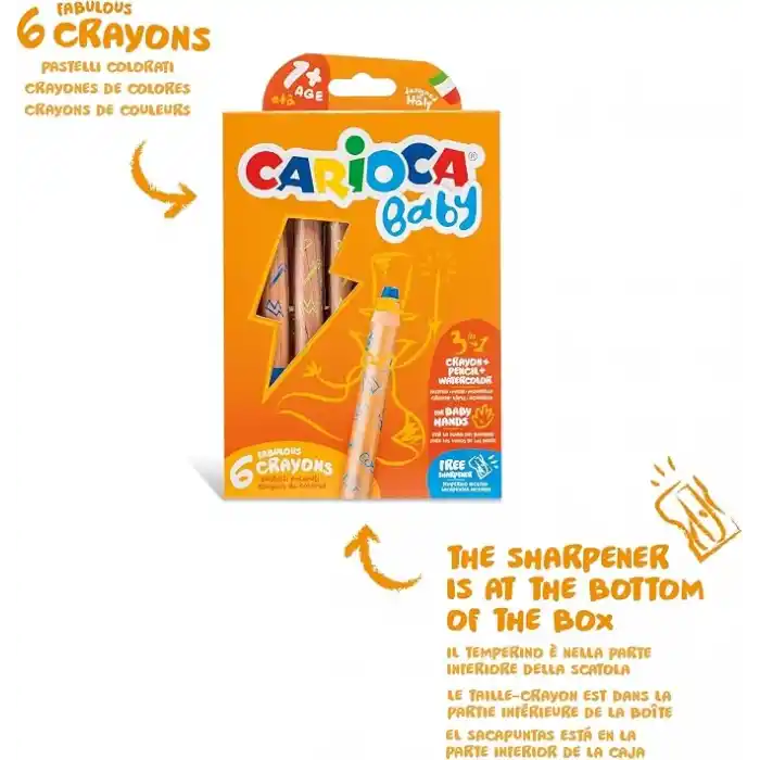 Carioca 3 In 1 Jumbo Bebek Ahşap Gövdeli Boya Kalemi 6Lı,Kalemtraş Hediyeli