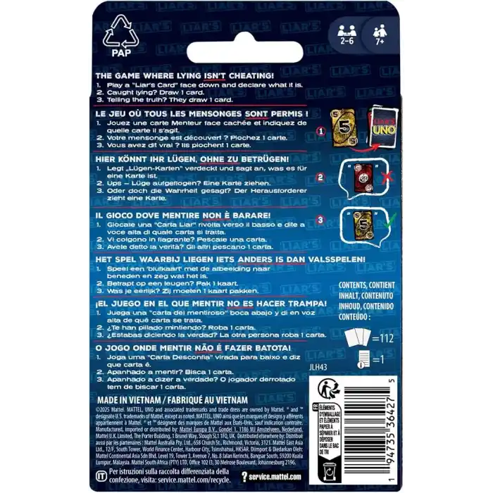 Blöf yaparak diğer oyuncuları kandırabileceğiniz yetişkinlere, çocuklara, ailelere, partilere, oyun gecelerine ve eğlenceli seyahatlere yönelik Mattel Games UNO Liars kart oyunu, JLH43