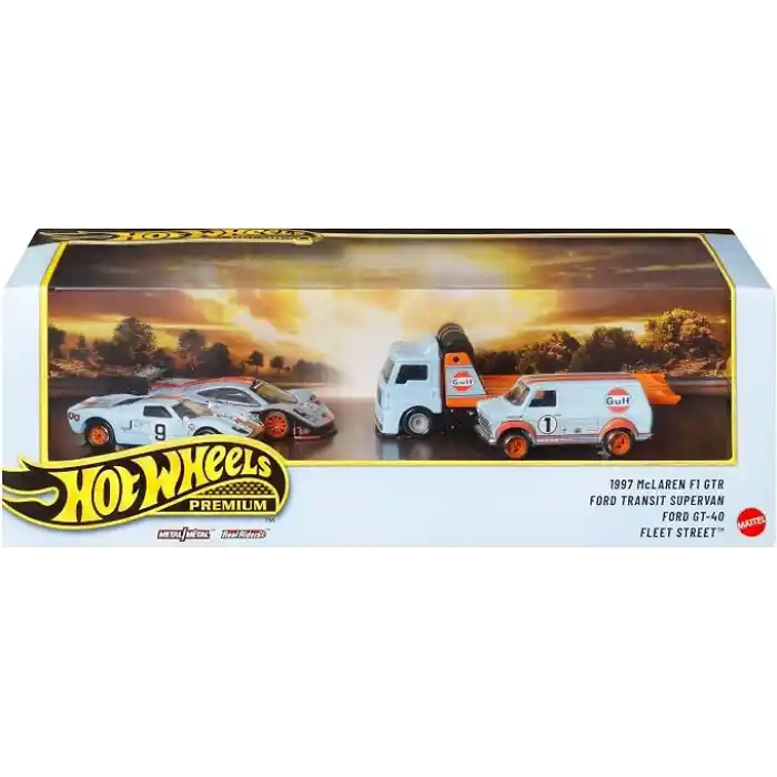 Hot Wheels Premium Collector sergilenmeye uygun setler, 3 adet 1:64 ölçekli araba ve 1 adet 1:64 ölçekli Team Transport araç, Metal/Metal şasi ve Real Riders tekerlekler, JHW43