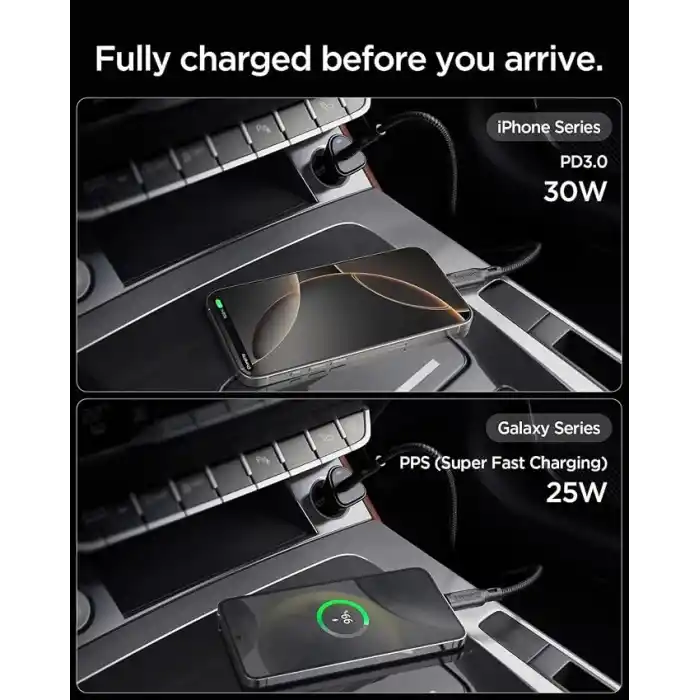 Spigen 30W USB-C Araç içi Hızlı Şarj Aleti PPS Desteği Akım Korumalı Güç Adaptörü Çakmaklık iPhone & Android & iPad Type-C PD 3.0 EV301 - ACP08699