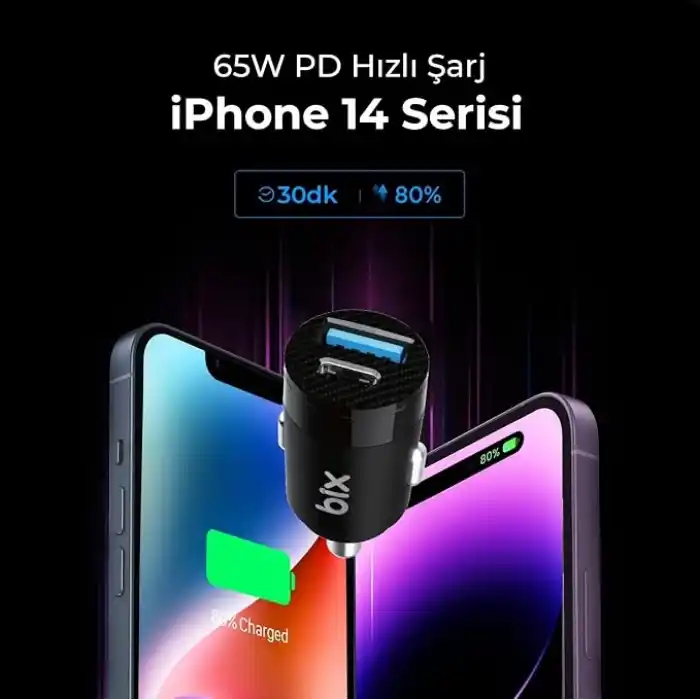 Bix BXAC65C 65W PD Type-C & 18W USB-A Girişli Çift Portlu Hızlı Şarj Özellikli Araç İçi Şarj Cihazı Siyah