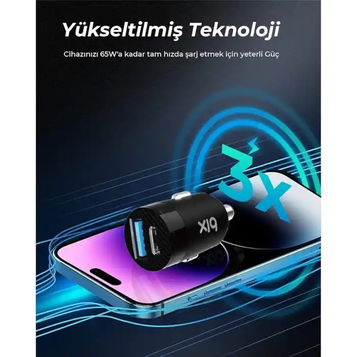 Bix BXAC65C 65W PD Type-C & 18W USB-A Girişli Çift Portlu Hızlı Şarj Özellikli Araç İçi Şarj Cihazı Siyah