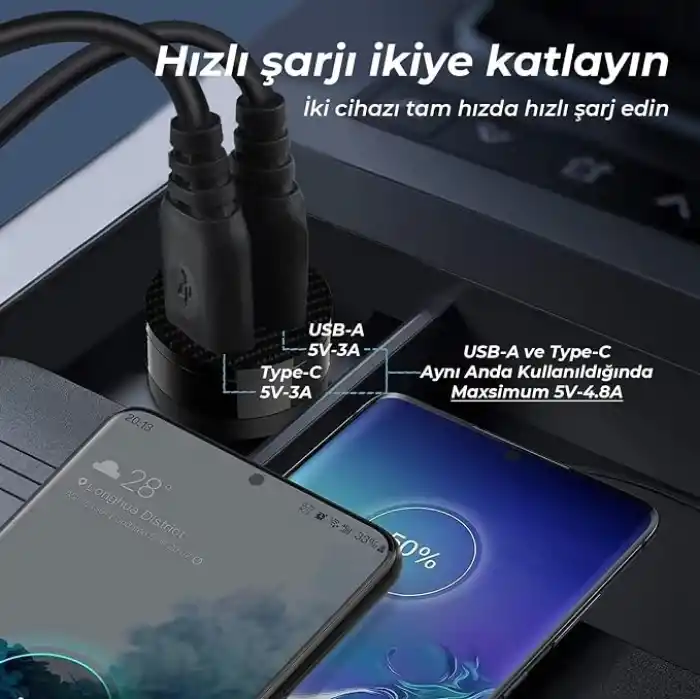 Bix BXAC65C 65W PD Type-C & 18W USB-A Girişli Çift Portlu Hızlı Şarj Özellikli Araç İçi Şarj Cihazı Siyah