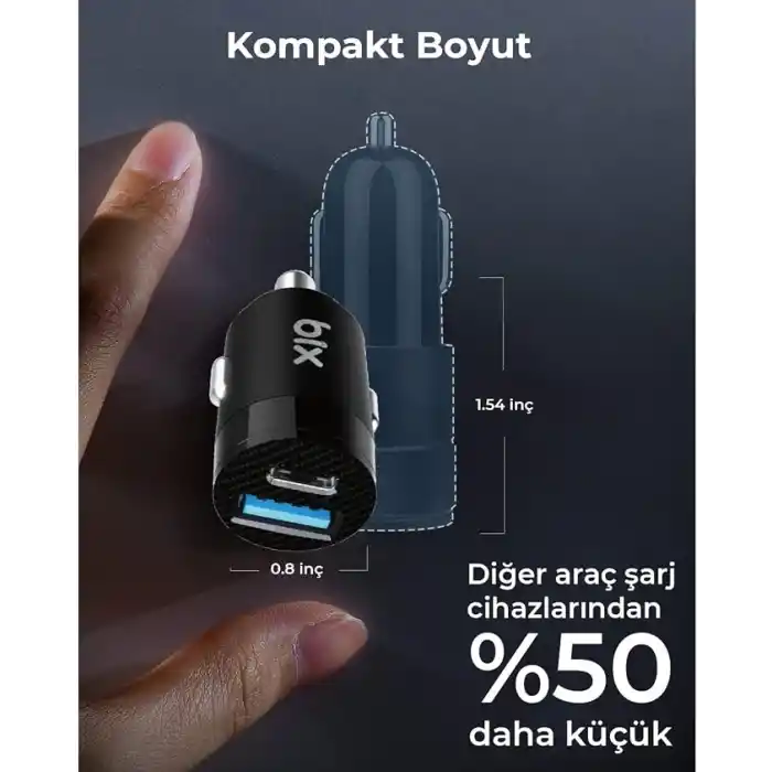 Bix BXAC65C 65W PD Type-C & 18W USB-A Girişli Çift Portlu Hızlı Şarj Özellikli Araç İçi Şarj Cihazı Siyah