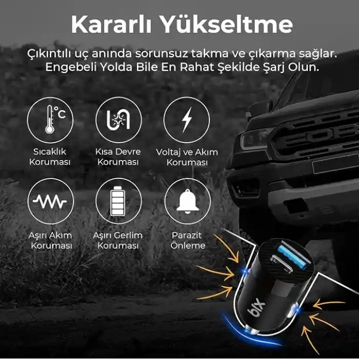 Bix BXAC65C 65W PD Type-C & 18W USB-A Girişli Çift Portlu Hızlı Şarj Özellikli Araç İçi Şarj Cihazı Siyah