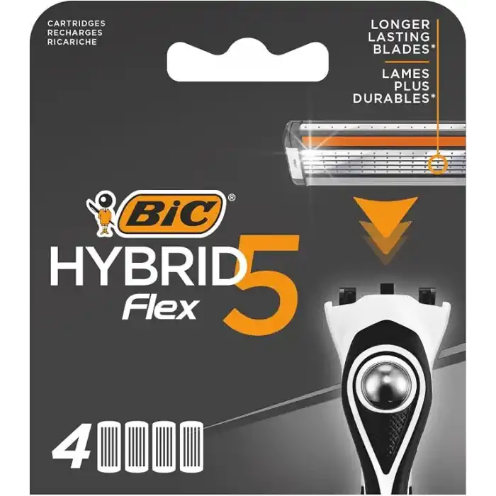 BIC Hybrid 5 Flex 4lü Yedek Tıraş Bıçağı Kartuşu (5 Bıçak), 5 Nano Teknolojik Titanyum Bıçak, E Vitamini ile Zenginleştirilmiş Geniş Kayganlaştırıcı Bant