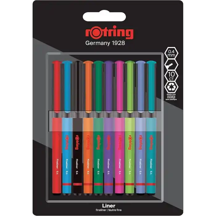 rOtring Fineliner, İnce Keçe Uçlu Kalem 0.4 mm, 10lu Paket, Karışık Renkler