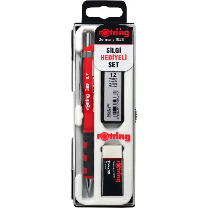 rOtring Tikky Mekanik Kurşun Kalem, Uç ve Silgi Seti, 0,7 mm Kalem, 2B Uç, Orta Boy Silgi, Kırmızı, 3lü Set