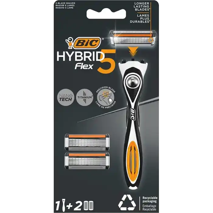 BIC Hybrid 5 Flex Erkek Tıraş Bıçağı 1 Sap ve 2 Yedek Başlık (5 Bıçak), 5 Nano Teknolojik Titanyum Bıçak, E Vitamini ile Zenginleştirilmiş Geniş Kayganlaştırıcı Bant