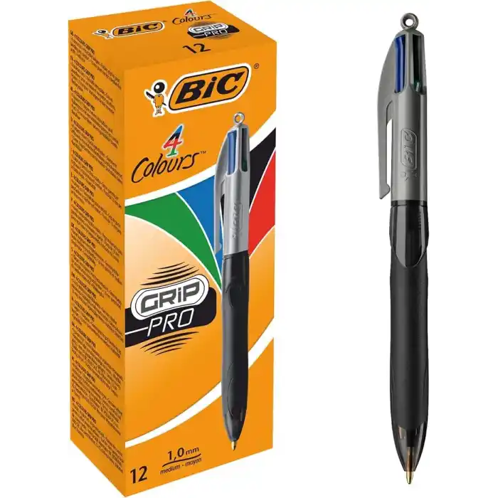 BIC 4 Colours Grip Pro Tükenmez Kalem 12Li Kutu, Kauçuk Tutacak, 1.0mm Uç, Tek Kalemde Mavi, Kırmızı, Yeşil ve Siyah Renkler