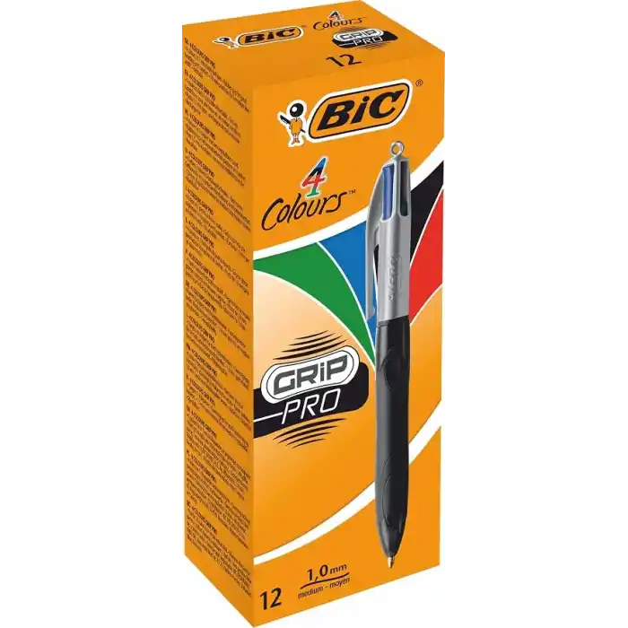 BIC 4 Colours Grip Pro Tükenmez Kalem 12Li Kutu, Kauçuk Tutacak, 1.0mm Uç, Tek Kalemde Mavi, Kırmızı, Yeşil ve Siyah Renkler