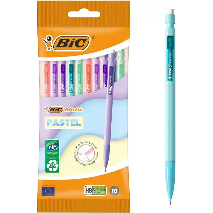 BIC Matic Pastel 0.7 Uçlu Versatil Kalem 10lu Poşet, 5 Farklı Pastel Renk, 3 Adet 0.7 HB Uç ile, Kolayca Silinir