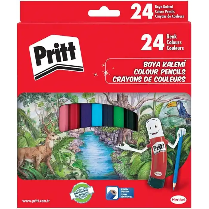 Pritt Kuru Boyalar, canlı renklerde boya kalemi, açması kolay ve dayanıklı silinebilir kalem, yumuşak mineli resim kalemi, kaliteli kırtasiye malzemesi, 24 renkli kalem