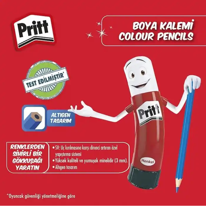 Pritt Kuru Boyalar, canlı renklerde boya kalemi, açması kolay ve dayanıklı silinebilir kalem, yumuşak mineli resim kalemi, kaliteli kırtasiye malzemesi, 24 renkli kalem