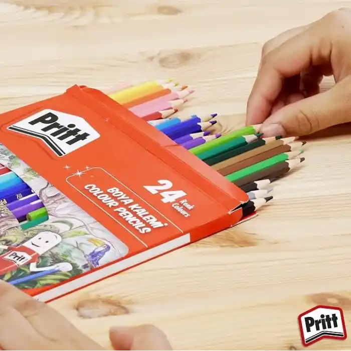 Pritt Kuru Boyalar, canlı renklerde boya kalemi, açması kolay ve dayanıklı silinebilir kalem, yumuşak mineli resim kalemi, kaliteli kırtasiye malzemesi, 24 renkli kalem