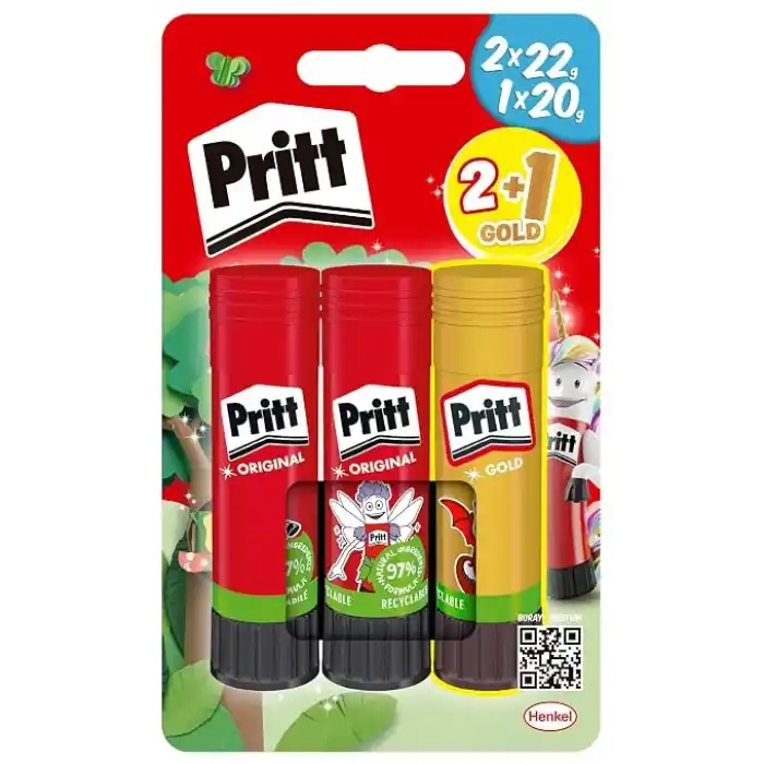 Pritt Stick Yapıştırıcı, 2+1 Simli ve Güvenli El işi Yapıştırıcısı, Hızlı ve Pratik Yapıştıran Okul ve Ofis Malzemesi, 2x22g+1x20g Pritt Stick Yapıştırıcı Sari