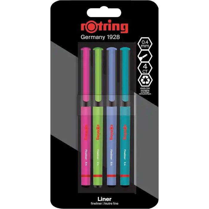 rOtring Fineliner, İnce Keçe Uçlu Kalem 0.4 mm, 4lü Paket, Canlı Renkler