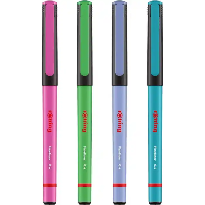 rOtring Fineliner, İnce Keçe Uçlu Kalem 0.4 mm, 4lü Paket, Canlı Renkler