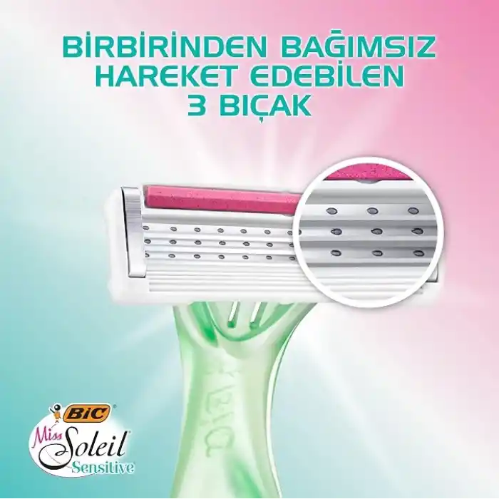 BIC Miss Soleil Sensitive Kadın Tıraş Bıçağı 3lü Blister (3 Bıçak), Oynar Başlık, Aloe Vera ile Zenginleştirilmiş Kayganlaştırıcı Jel Şerit