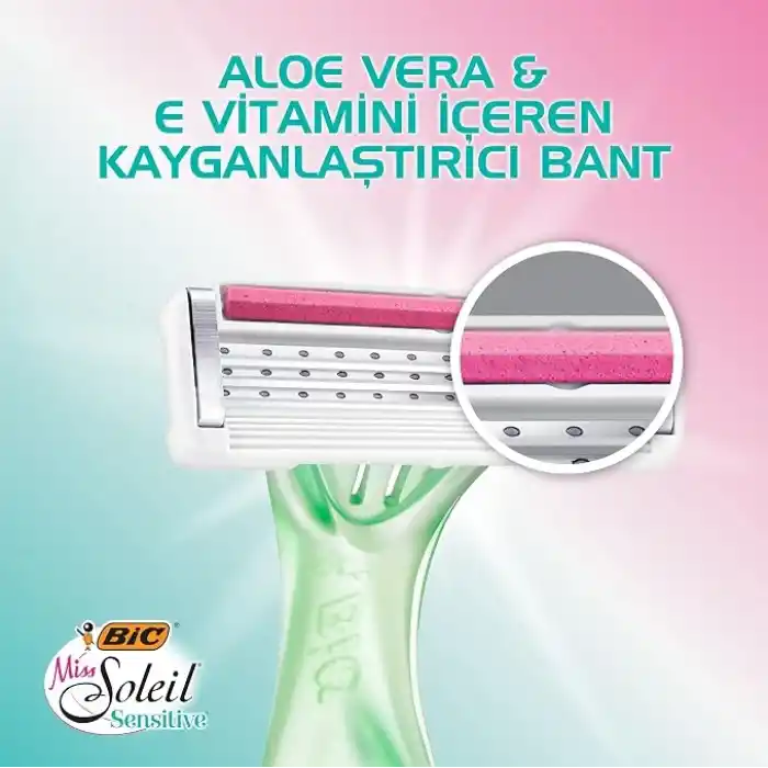 BIC Miss Soleil Sensitive Kadın Tıraş Bıçağı 3lü Blister (3 Bıçak), Oynar Başlık, Aloe Vera ile Zenginleştirilmiş Kayganlaştırıcı Jel Şerit