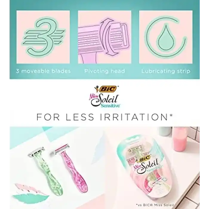 BIC Miss Soleil Sensitive Kadın Tıraş Bıçağı 3lü Blister (3 Bıçak), Oynar Başlık, Aloe Vera ile Zenginleştirilmiş Kayganlaştırıcı Jel Şerit