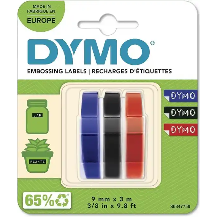 Dymo 3D Plastik Kabartma Şerit (9 mm x 3 mt), 3lü Paket, Siyah/Kırmızı/Mavi - S0847750