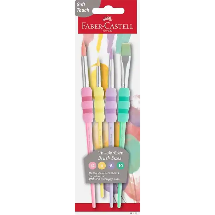 Faber-Castell Yumuşak Dokulu Fırça Pastel Seti, 4’lü, Kaymaz Tutma Yeri, Ergonomik Kavrama, İnce ve Kalın Uçlu Boyama Fırçaları