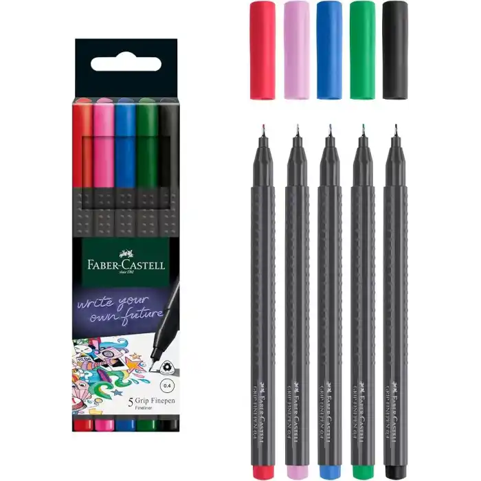 Faber-Castell Grip Finepen İnce Keçe Uçlu Kalem Seti, 5’li, Klasik Renkler, 0.4 mm, Metal Destekli, Ergonomik Üçgen Gövde