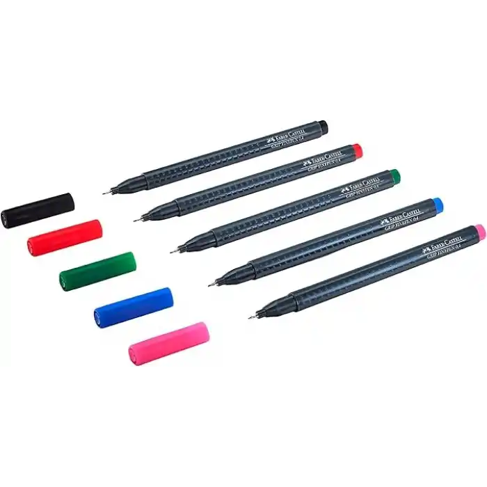 Faber-Castell Grip Finepen İnce Keçe Uçlu Kalem Seti, 5’li, Klasik Renkler, 0.4 mm, Metal Destekli, Ergonomik Üçgen Gövde