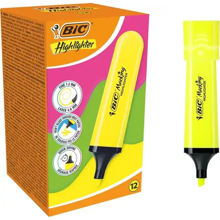 BIC Marking Flat Higlighter Fosforlu Kalem 12li Kutu, Sarı Fosforlu Kalem, Su Bazlı, Hızlı Kuruyan Mürekkep