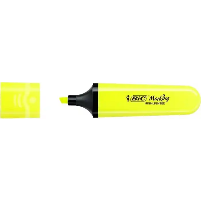 BIC Marking Flat Higlighter Fosforlu Kalem 12li Kutu, Sarı Fosforlu Kalem, Su Bazlı, Hızlı Kuruyan Mürekkep