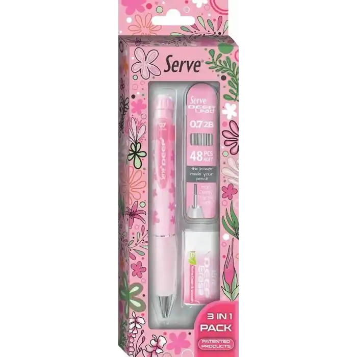 Serve Doğa Desenli Deep Kalem, Deep Silgi ve Deep Min, 0.7 mm, Şeker Pembe