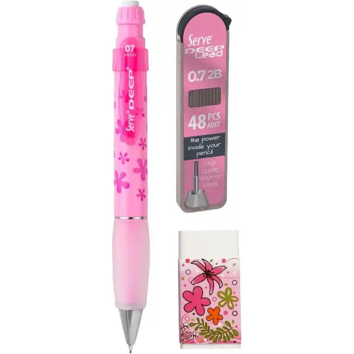 Serve Doğa Desenli Deep Kalem, Deep Silgi ve Deep Min, 0.7 mm, Şeker Pembe