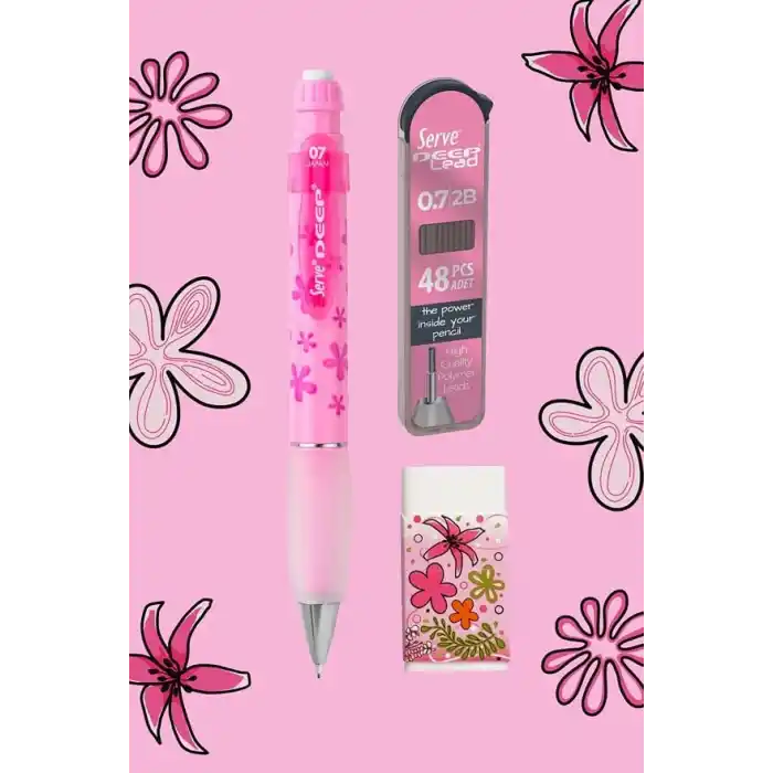 Serve Doğa Desenli Deep Kalem, Deep Silgi ve Deep Min, 0.7 mm, Şeker Pembe
