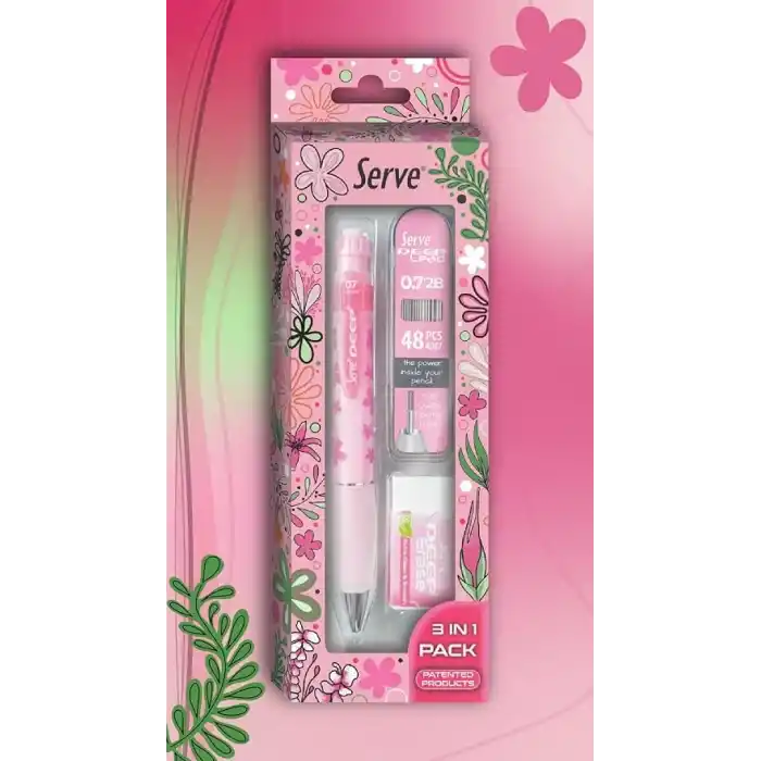Serve Doğa Desenli Deep Kalem, Deep Silgi ve Deep Min, 0.7 mm, Şeker Pembe