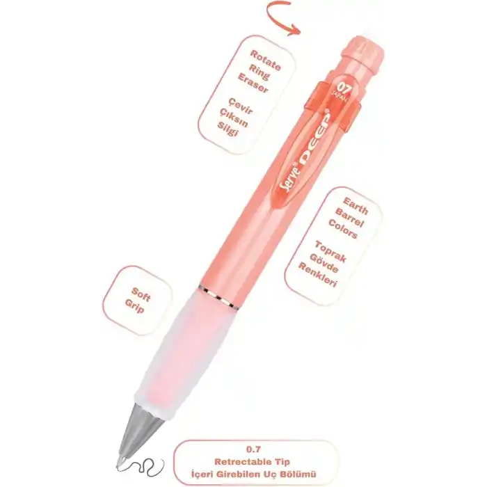 Serve Deep Versatil Kalem 07Mm- Toprak Tonları - Yedekli Set (Grip Ve Silgi) Mercan