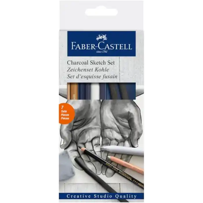 Faber-Castell Kömür Sketch Seti, 7 Parça, Kara Kalem Çizim ve Eskiz İçin, Yüksek Kalite, Silgi ve Karıştırma Kalemi Dahil