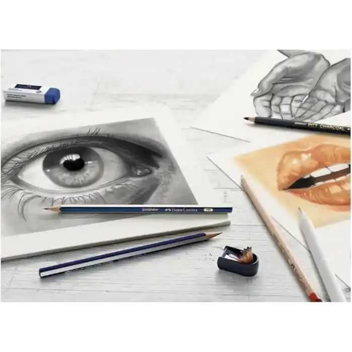 Faber-Castell Kömür Sketch Seti, 7 Parça, Kara Kalem Çizim ve Eskiz İçin, Yüksek Kalite, Silgi ve Karıştırma Kalemi Dahil