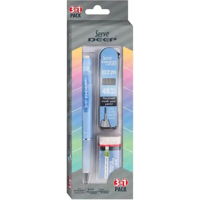 Serve Deep Versatil Kalem, Silgi ve Kalem Ucu 0,7mm 3lü Set - Gök Mavi