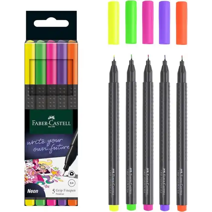 Faber-Castell Grip Finepen İnce Keçe Uçlu Kalem Seti, 5’li, Neon Renkler, 0.4 mm, Metal Destekli, Ergonomik Üçgen Gövde