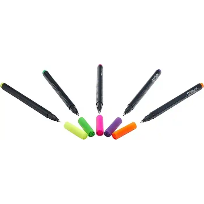 Faber-Castell Grip Finepen İnce Keçe Uçlu Kalem Seti, 5’li, Neon Renkler, 0.4 mm, Metal Destekli, Ergonomik Üçgen Gövde