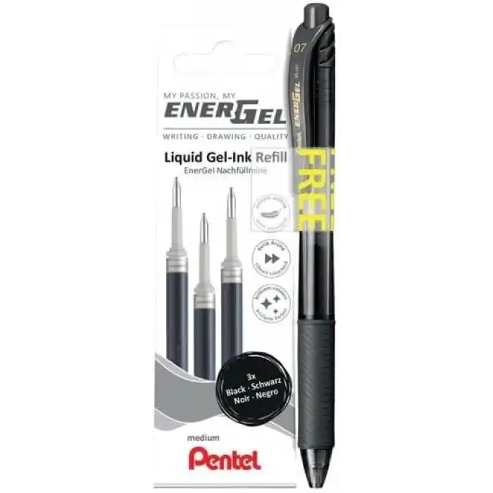 Pentel ENERGEL Mekanizmalı Likit Roller Kalem + 3 Adet Yedek - Siyah SİYAH