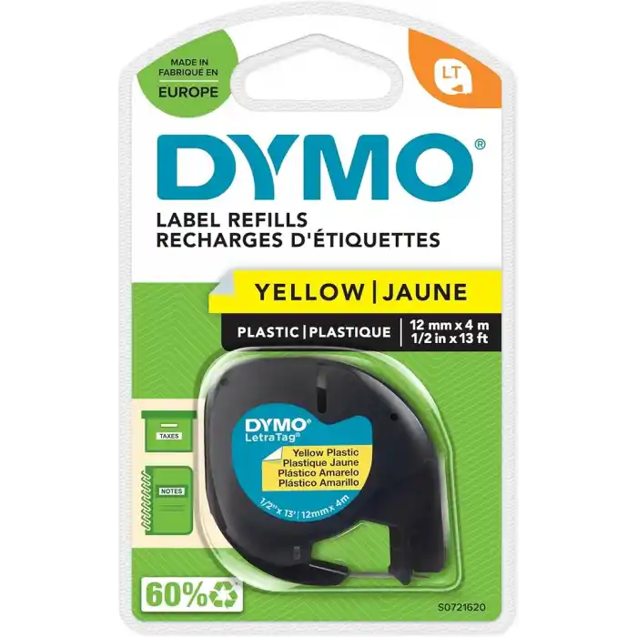Dymo S0721620, LetraTag Plastik Şerit (12 mm X 4 mt), Sarı (59423)